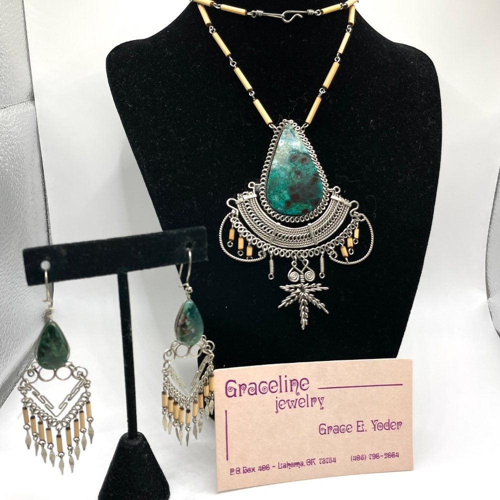 Artisan Wire Wrapped Silver Tone Turquoise Necklace Set